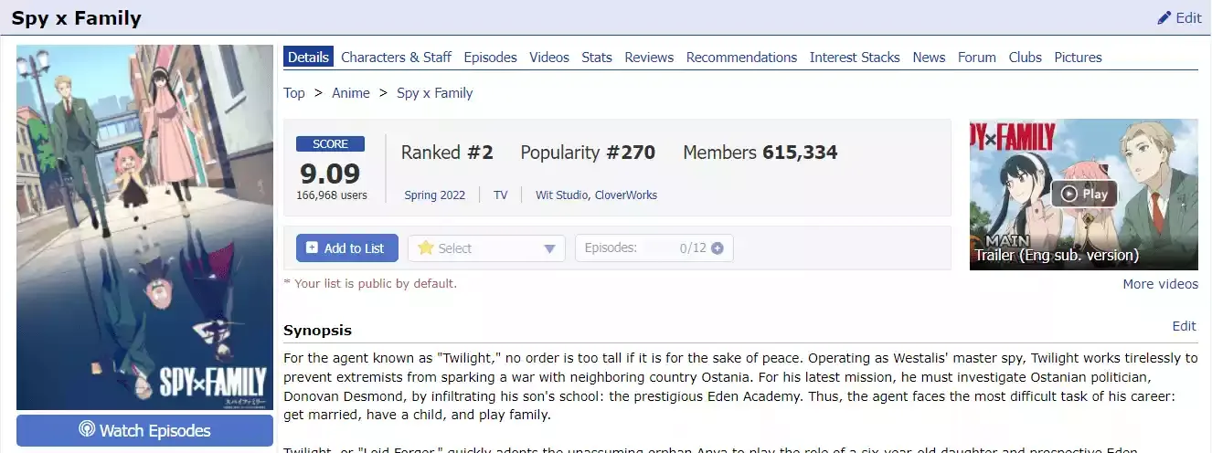 SPY x FAMILY Já é a Segunda Série mais Bem Avaliada da História do MyAnimeList