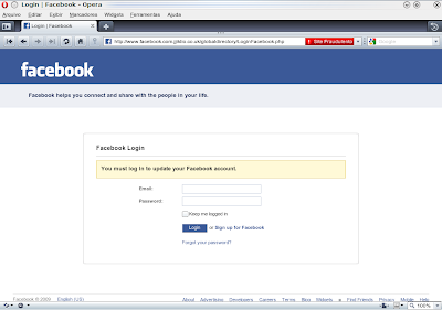 Site falso (phishing site) com aparência idêntica à página de login do Facebook