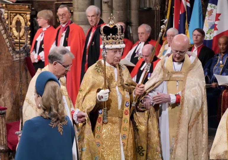 King Charles III is crowned with St Edward’s Crown by The Archbishop of Canterbury, the Most Reverend Justin Welby, during his coronation ceremony in Westminster Abbey, London
