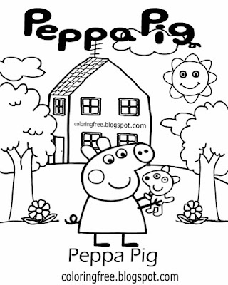 Pink piggy cartoon house hill top pre-school drawing ideas Peppa pig printable easy coloring sheet