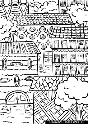 A coloring page of buildings / Värityskuva rakennuksista