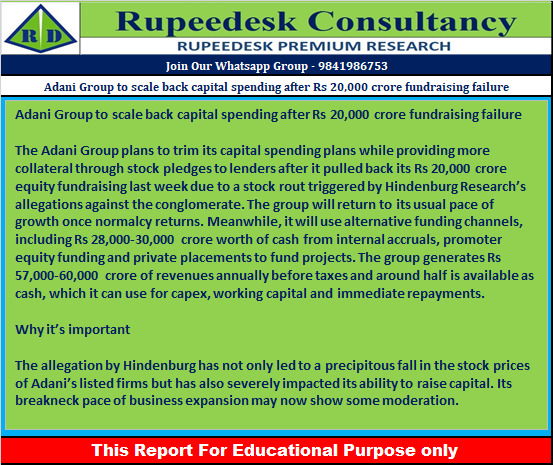 Adani Group to scale back capital spending after Rs 20,000 crore fundraising failure - Rupeedesk Reports - 06.02.2023