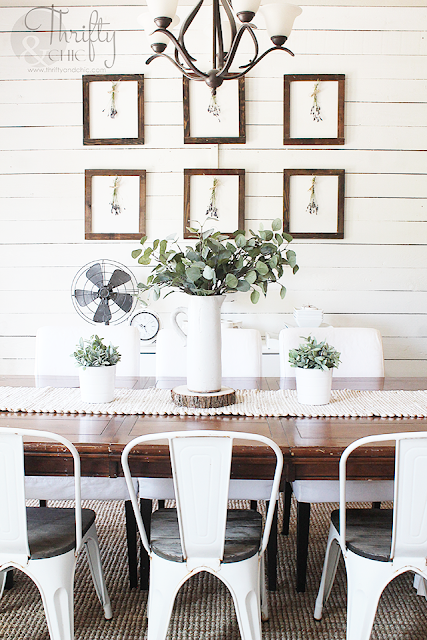 DIY Framed dried lavender gallery wall. DIY botanical prints. Gallery wall ideas with botanical prints. White and rustic farmhouse dining room. Modern farmhouse dining room decor and ideas