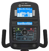 Schwinn 270 console, image, with blue backlit LCD display and Bluetooth connectivity