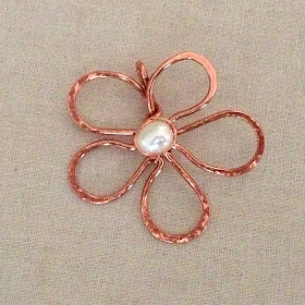 Copper wire flower with pearl center by Lisa Yang Jewelry