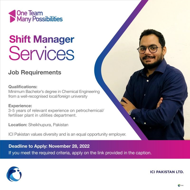 ICI Pakistan Limited is hiring a Shift Manager Services