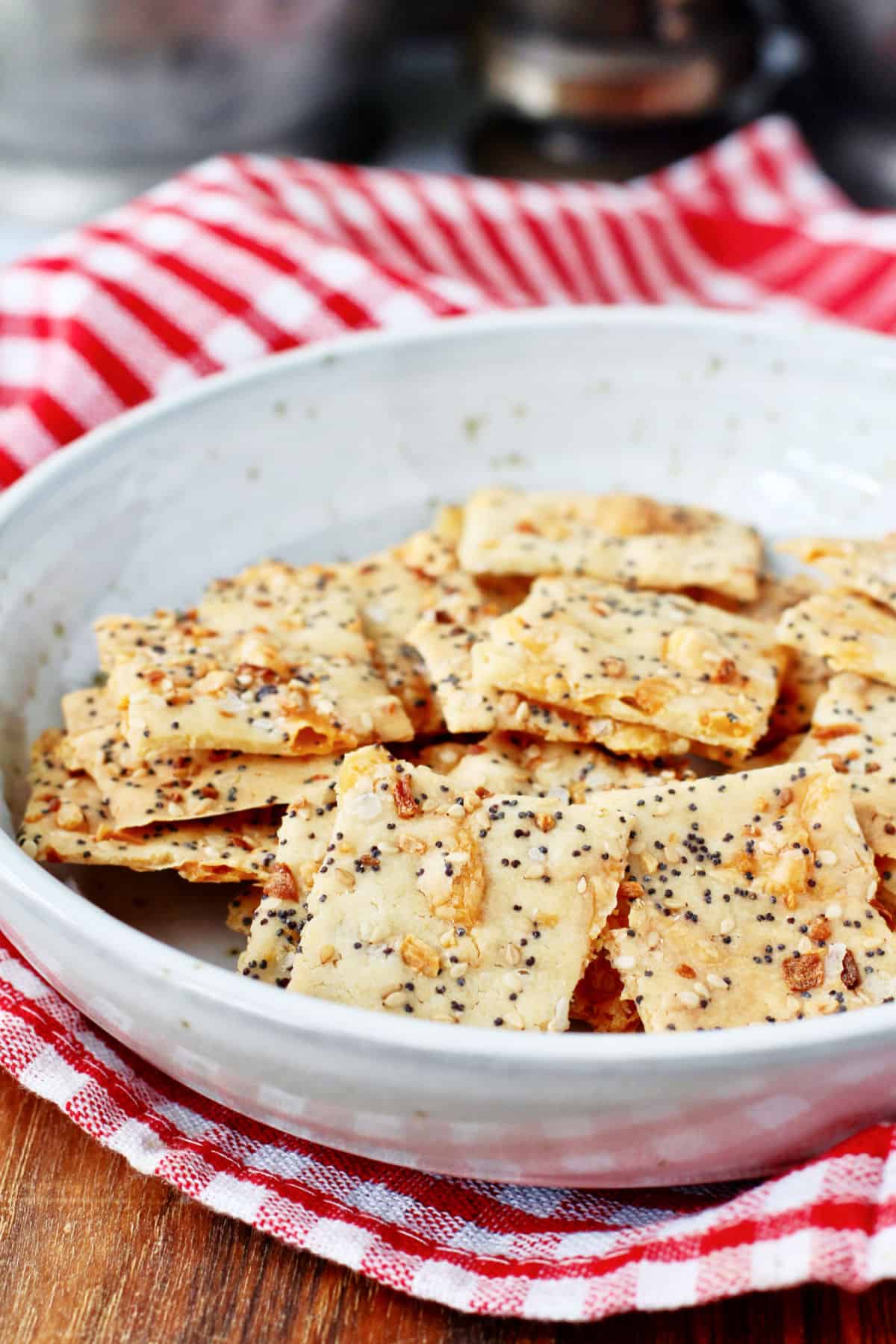 Sourdough crackers in a bowl.