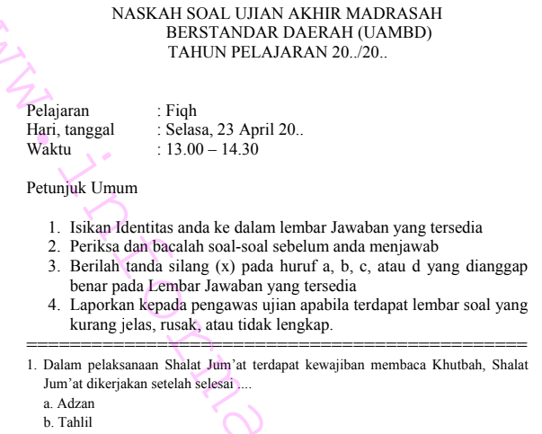Contoh Soal Uambd Fiqih Madrasah Ibtidaiyah Kurikulum 2013 Tahun 2019 Contoh Soal Un Sd Smp Sma