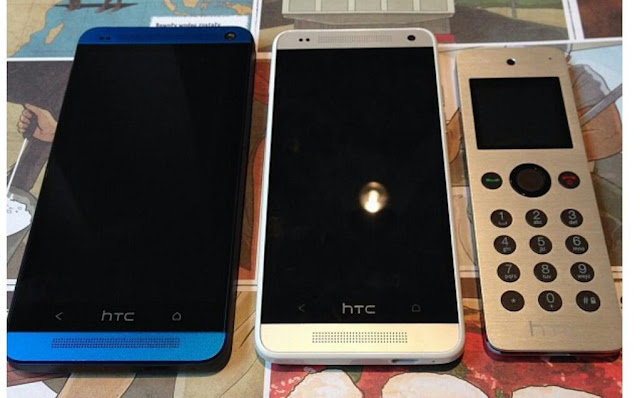 Blue HTC One alongside HTC One Mini and HTC Mini+