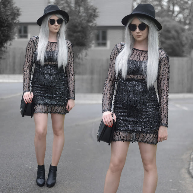 Sammi Jackson - Primark Black Fedora / Zaful Sunglasses / NaaNaa at ASOS Black Sequin Dress / OASAP Quilted Flap Bag / Office Chunky Ankle Boots