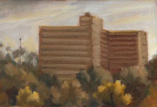 Oil painting of high-rise flats surrounded by trees.