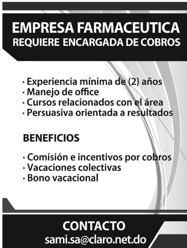 Empleo Empresa Farmacéutica solicita Encargada de Cobros