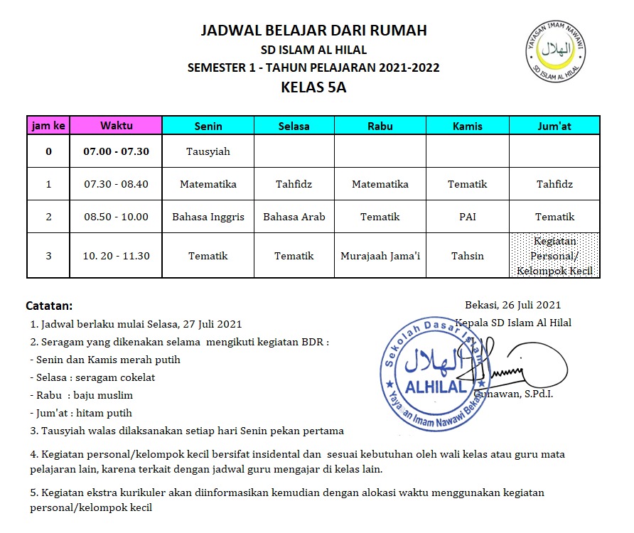 JADWAL PELAJARAN KELAS 5 LMS SD ISLAM AL HILAL