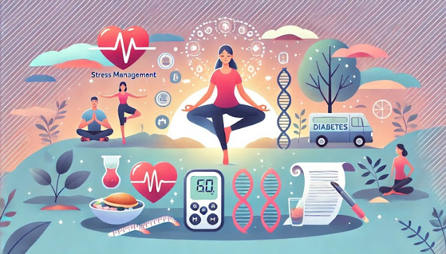 Ilustrasi seorang penderita diabetes yang melakukan manajemen stres dengan teknik relaksasi seperti meditasi, olahraga, dan pola makan sehat. Gambar ini menunjukkan pentingnya keseimbangan antara kesehatan fisik dan mental dalam mengelola diabetes, dengan latar belakang yang menenangkan dan elemen-elemen seperti yoga, makanan seimbang, dan simbol kesehatan yang menggambarkan koneksi antara tubuh dan pikiran.
