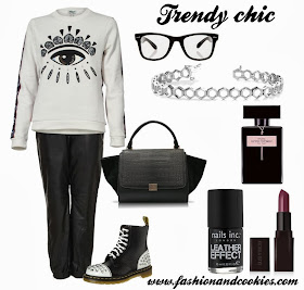 Trendy chic look, fashion blogger, fashion and cookies, Kenzo eye sweater, Celine trapeze bag, anjolee hexagon link bracelet