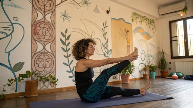 Mulher em studio de pilates e artesanato
