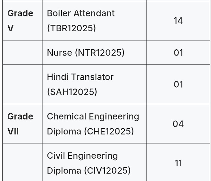 NURSE, BOILER ATTENDENT, HINDI TRANSLATOR, FIREMAN, SECURITY GUARD AND ENGINEERS REGULAR RECRUITMENT OUT 2025