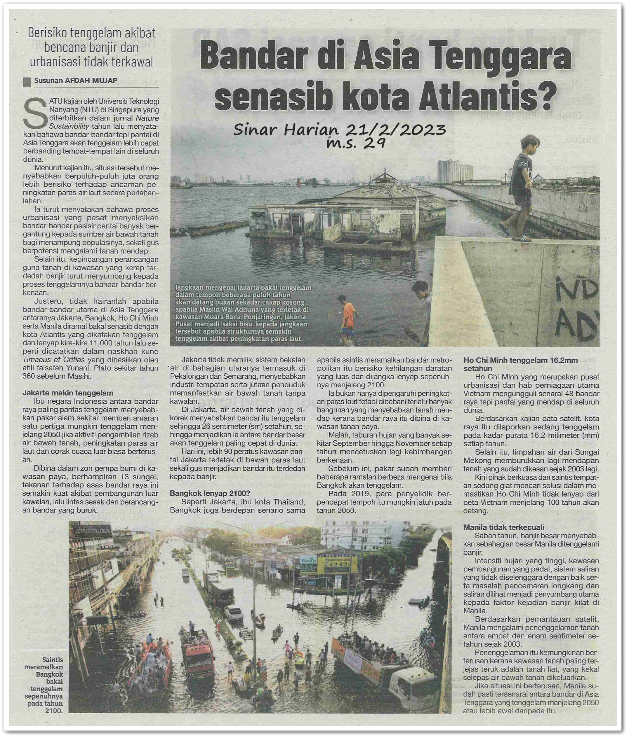 Bandar di Asia Tenggara senasib kota Atlantis? ; Berisiko tenggelam akibat bencana banjir dan urbanisasi tidak terkawal - Keratan akhbar Sinar Harian 21 Februari 2023