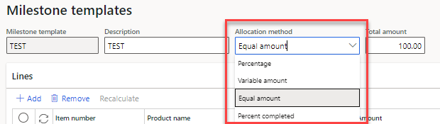 Allocation methods in Milestone templates. Percentage, Variable amount, Equal amount, Percent completed