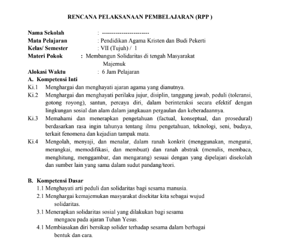 RPP SMP Pendidikan Agama Kristen (PAK) Kelas 7 8 9 K13 Revisi 2017