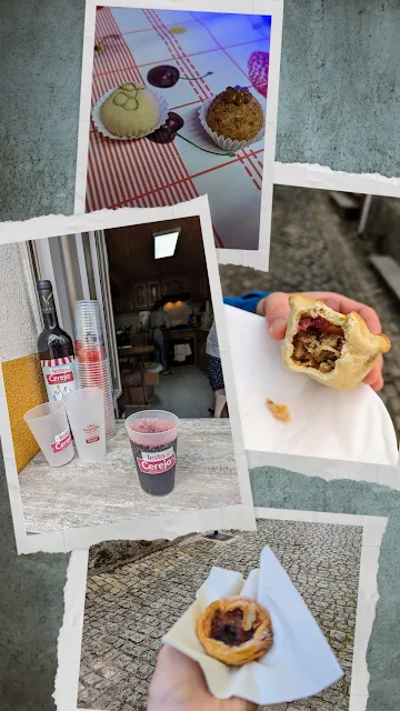 Collage of cherry-themed foods and drinks at the Festa da Cereja in Alcongosta Portugal