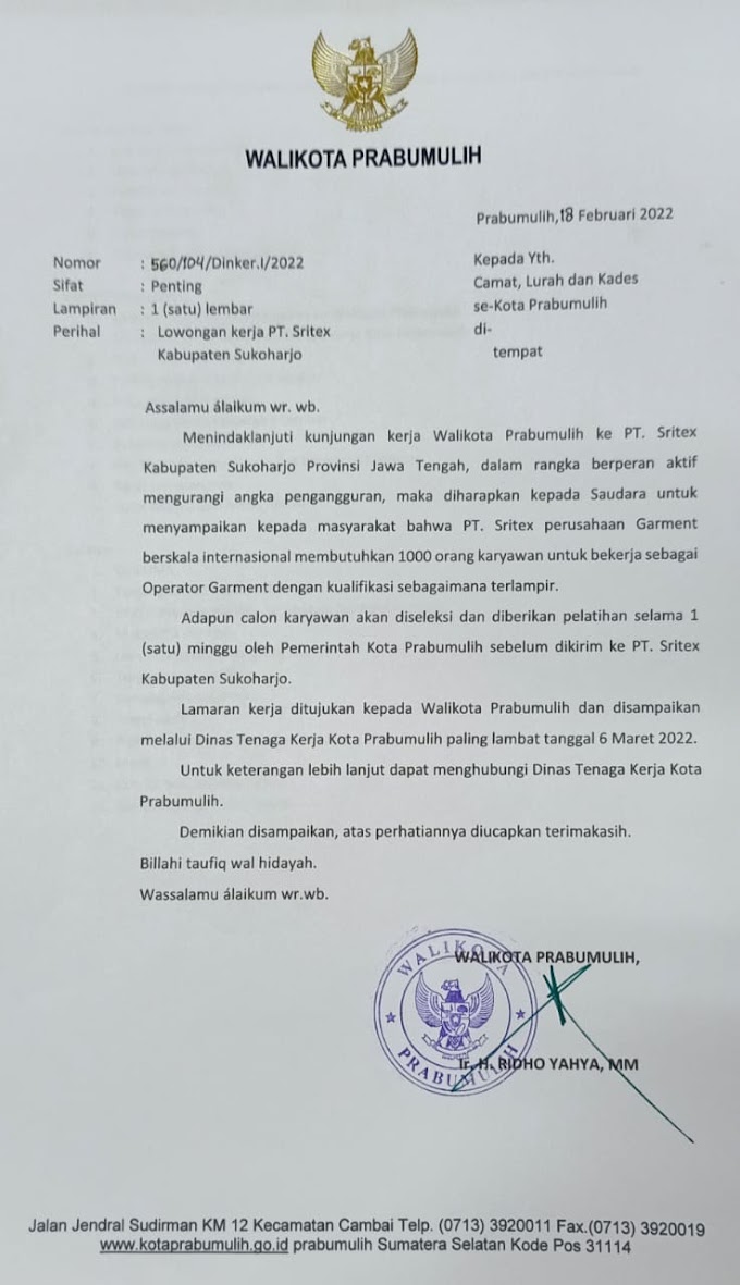 Lowongan Kerja PT. Sritex Kabupaten Sukoharjo Provinsi Jawa Tengah 