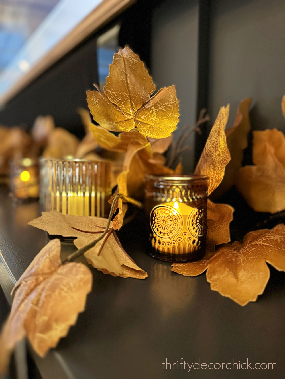 amber glass votives maple leaves