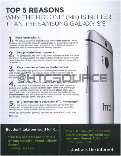Dokumen Bocor Ungkap 5 Alasan HTC One (M8) Lebih Baik dari Galaxy S5