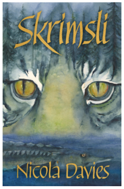 Large Book cover image with a silver tiger face with yellow eyes. The upper face merges into the background so it's fur becomes the silver white and grey snow covered trees of a forest. The lower third of the face merges into the river and a large scaly pike-like fish. The title at the top of the book, and the authors name at the bottom are written in a yellow gold font of upper and lower case.