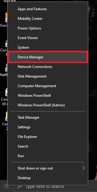 Buka Device Manager dengan cara klik kanan pada logo windows di pojok kiri bawah, lalu klik Device manager.