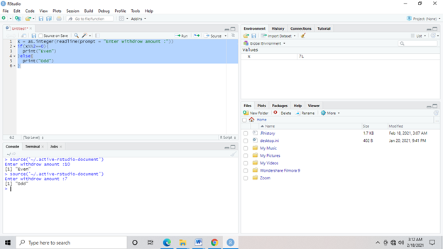 Write a R program to accept an integer and check if it is even or odd.