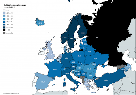 Χάρτης με τις χαμηλότερες θερμοκρασίες που έχουν καταγραφεί στην Ευρώπη. Πότε «πάγωσε» η Ελλάδα