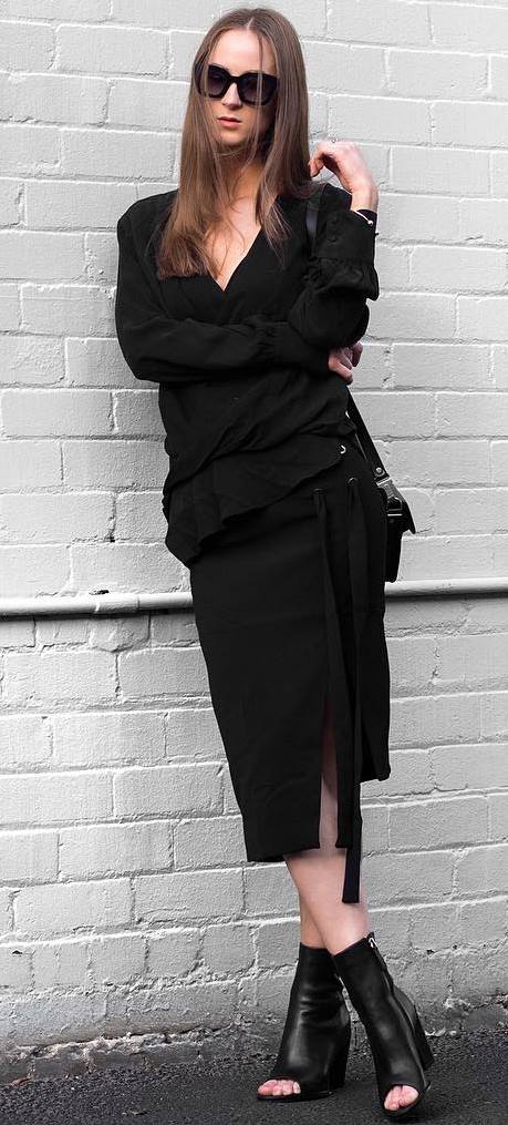 black on black | blouse + skirt + boots