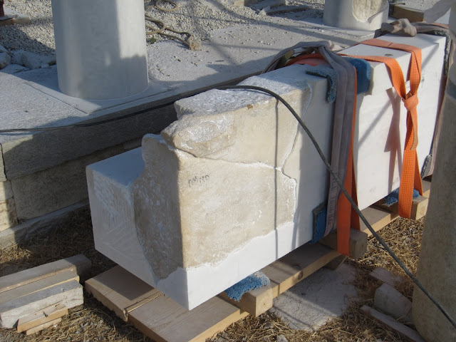 Newly restored 2-tonne marble architrave ready to be installed on Despotiko