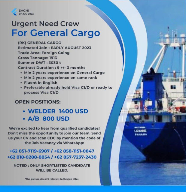 Rekrutmen Pelaut for General Cargo Ship Agustus 2023