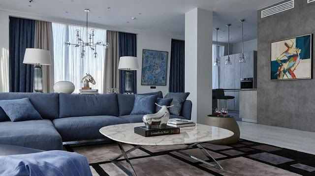 blue and gray living room combination