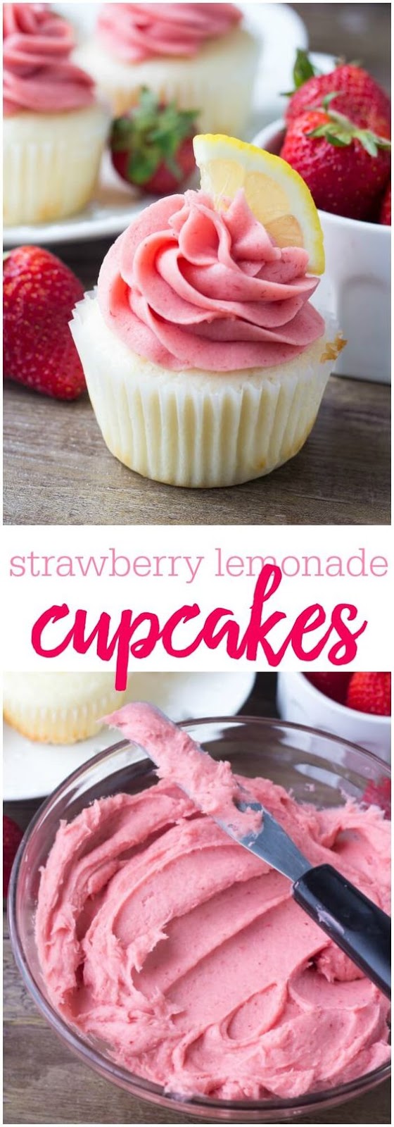 These Strawberry Lemonade Cupcakes are so pretty and perfect for spring or summer. They start with fluffy, moist lemon cupcakes. Then they're topped with strawberry frosting made from fresh berries!