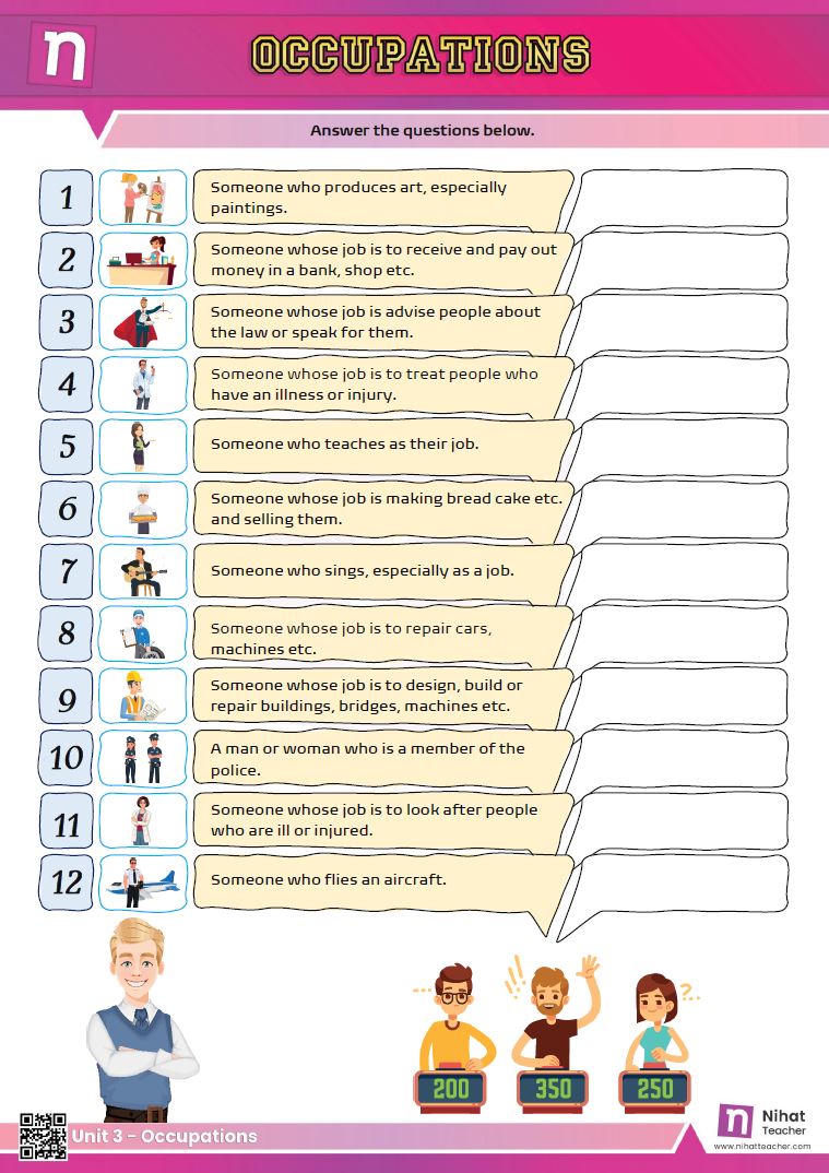 Practise English vocabulary.  A worksheet about occupations in English.  #download# Click here to download a worksheet about occupations in printable PFD format.   Search this site to find more about occupations in English.
