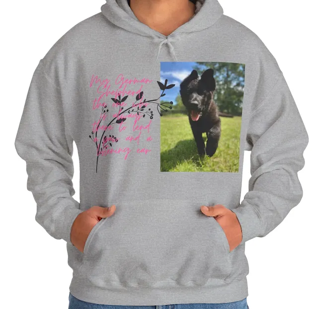 A Hoodie With European Solid Black German Shepherd Puppy Walking On the Grass and Caption My German Shepherd, the One Who is Always
