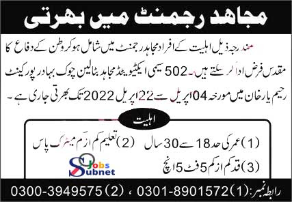 Latest Govt Jobs in Join Pak Army Mujahid Force 2022 Advertisement
