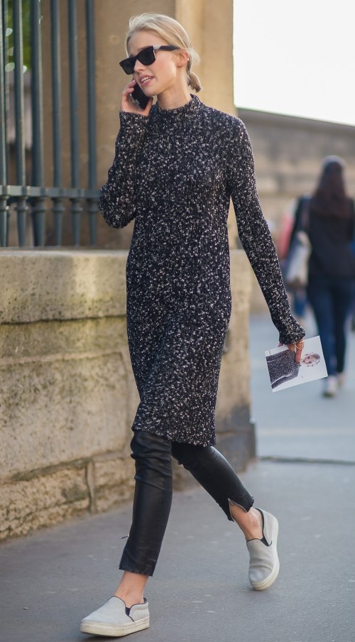 outfit of the day | sweater dress + leather pants + white slip-on