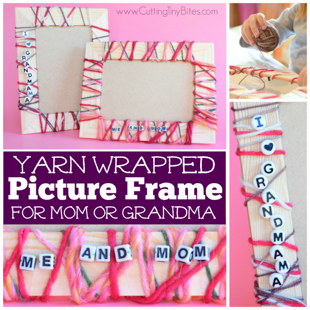 Kid made Mother's Day gift- yarn wrapped picture frames. Fun craft for preschool, kindergarten, or elementary children that makes a great gift for moms or grandmothers.