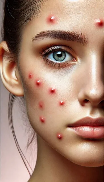 A close-up image of a woman’s face with zits, illustrating common acne problems.