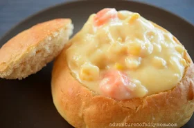 corn chowder in bread bowl