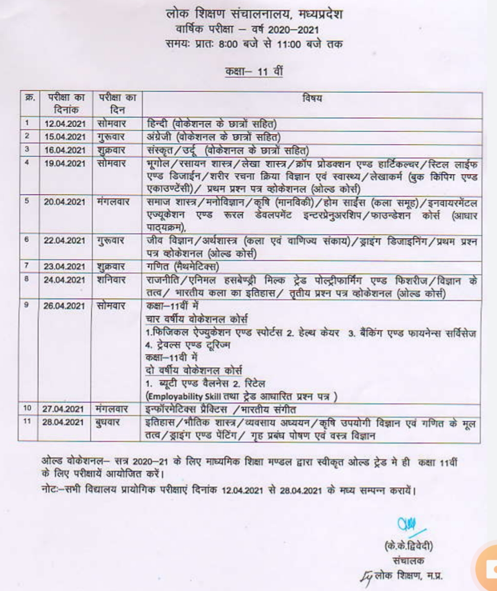 9th और 11th वार्षिक परीक्षा टाइम टेबल 2020-21 MP board