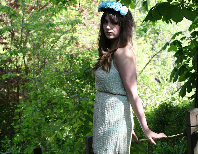 uk fashion, fashion styling, fashion style, beaded dress, mint dress, floral crown, flower headband, in the secret garden inspired outfit, wearing a summer pastel outfit, light blue roses, mint green beaded topshop dress with silver wedges, sling backs.