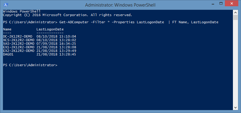 Screenshot showing PowerShell cmdlet to get the last logon date of all computers in a domain
