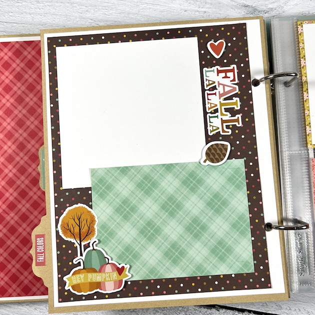 Family Recipes Scrapbook Album Page with fall tree, leaves, and pumpkins
