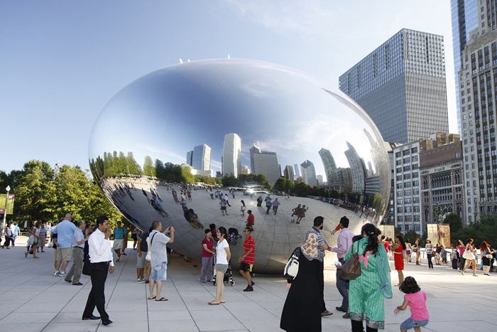 Cloud Gate, a public sculpture is the centerpiece of the AT&T Plaza in Millennium Park within the Loop community area of Chicago, Illinois, United States. The sculpture is nicknamed "The Bean" because of its bean-like shape. Made up of 168 stainless steel plates welded together, its highly polished exterior has no visible seams. 