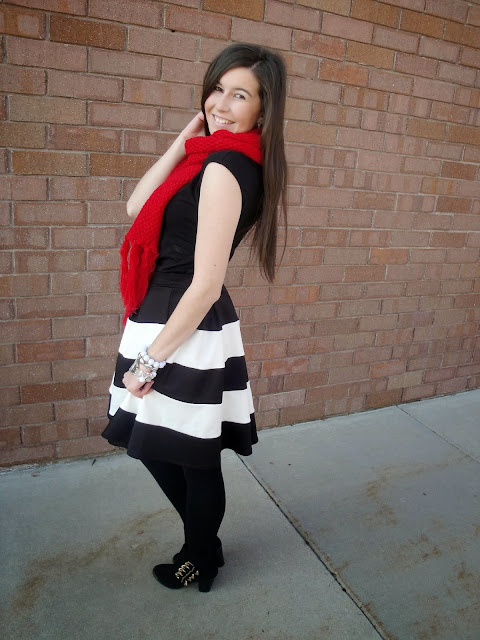 flare skirt, fit and flare, fit and flare skirt, black and white flare skirt, black and white, boots, ankle booties, ankle boots, booties, downeast basics, downeastbasics, downeast, red scarf, frills,